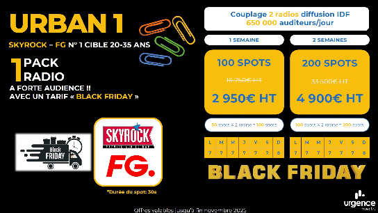 BLACK FRIDAY -URBAN 1- PACK RADIO FG + SKYROCK - OFFRE VALABLE JUSQU'AU 31 DECEMBRE